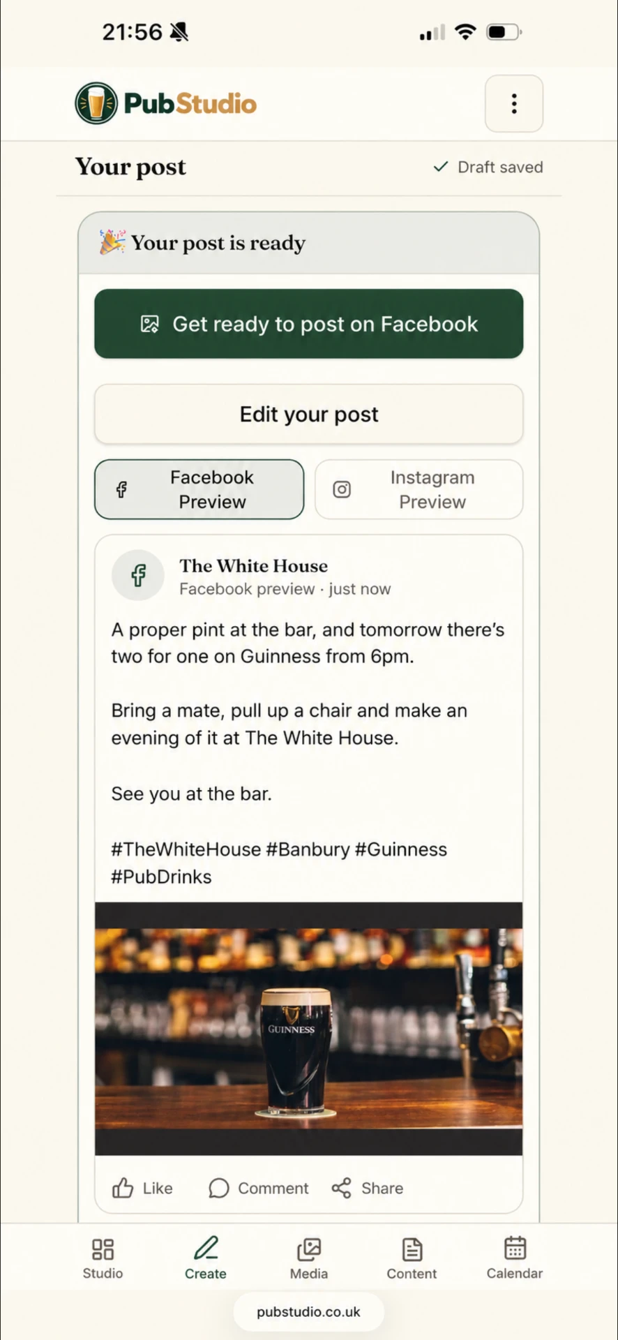 PubStudio Foundation showing a finished Facebook post for The White House pub