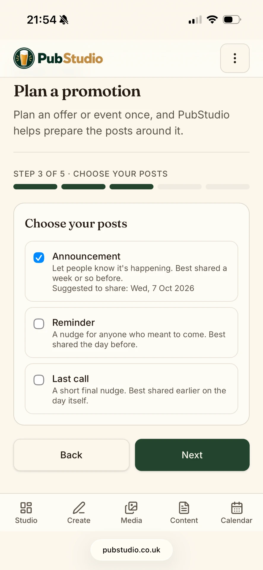 PubStudio Plan a promotion screen with Announcement, Reminder and Last call posts